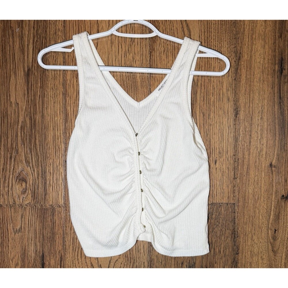 Project Social T Mackie Button Front Ruched Tank Ivory XS Ribbed Made USA